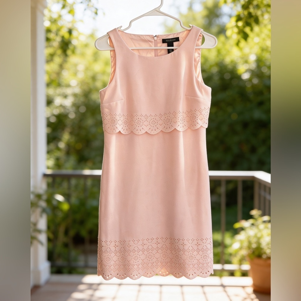 This product is a White House Black Market pink laser cut popover sheath dress